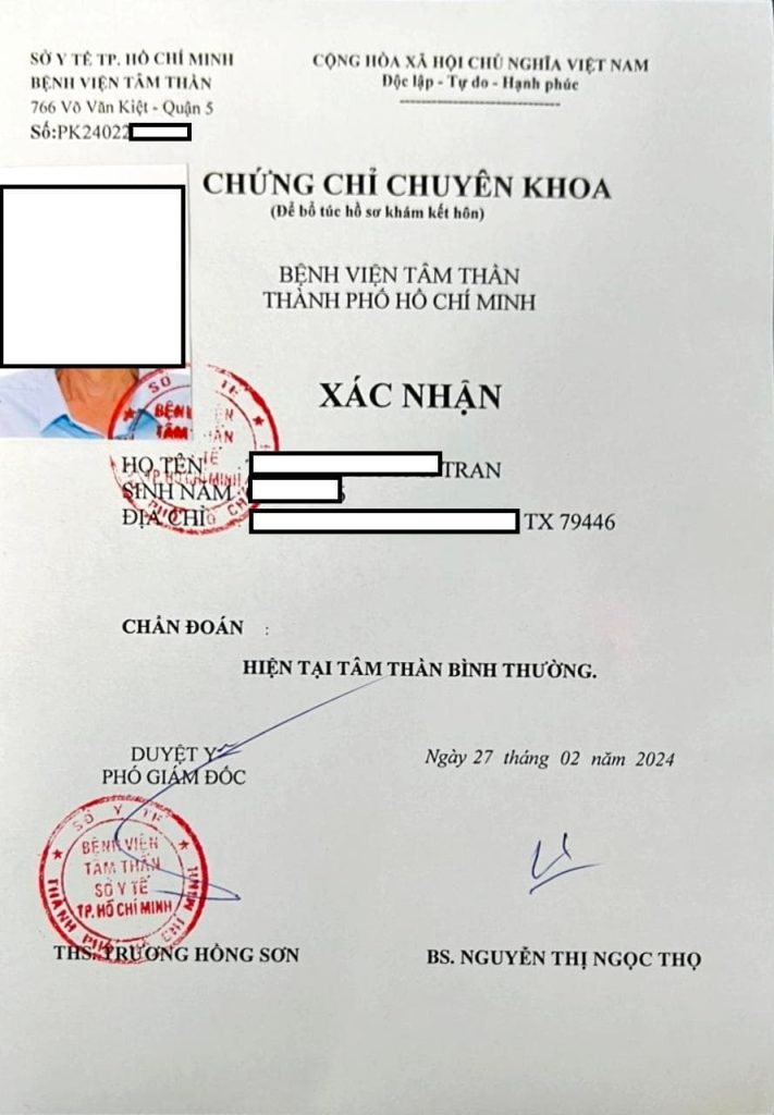 Mẫu kết quả khám tâm thần kết hôn